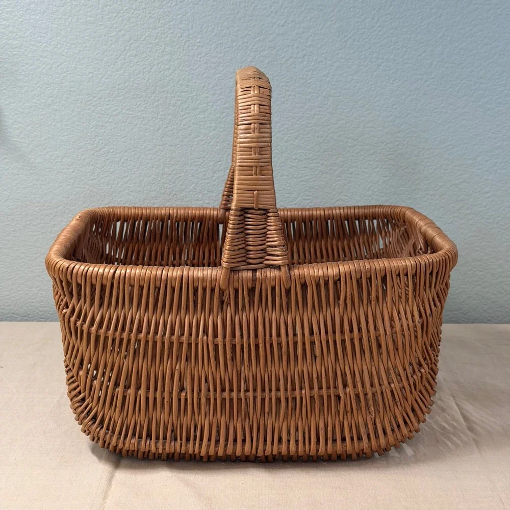 Vintage Wicker Gathering Basket Large Handled Market Harvest Basket